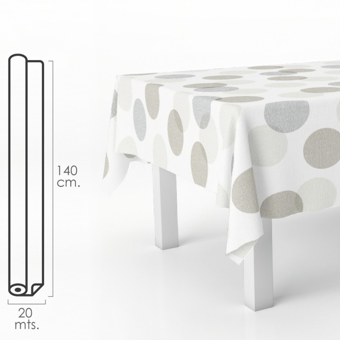 Mantel Hule Rectangular Circulos Beis, Impermeable Antimanchas PVC 140 cm, x 20 metros, Rollo Recortable, Interior y Exterior al