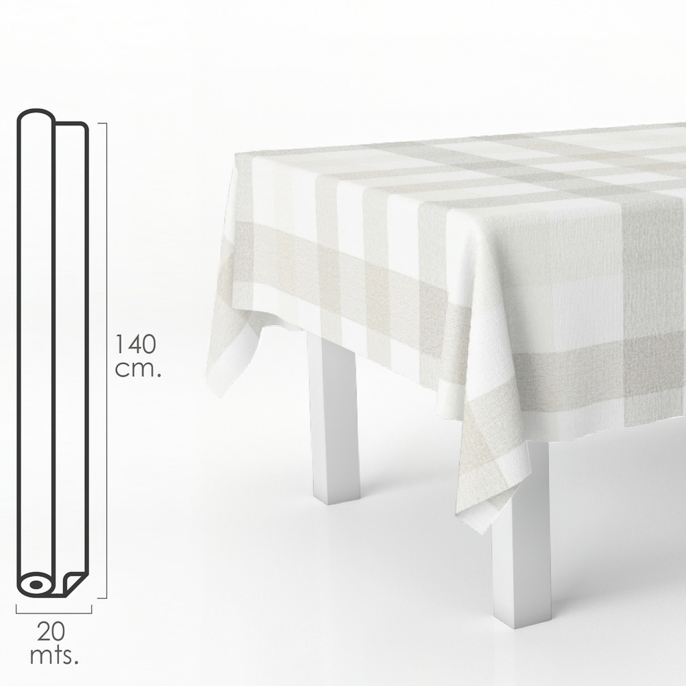 Mantel Hule Rectangular Cuadros Beis, Impermeable Antimanchas PVC 140 cm, x 20 metros, Rollo Recortable, Interior y Exterior al 