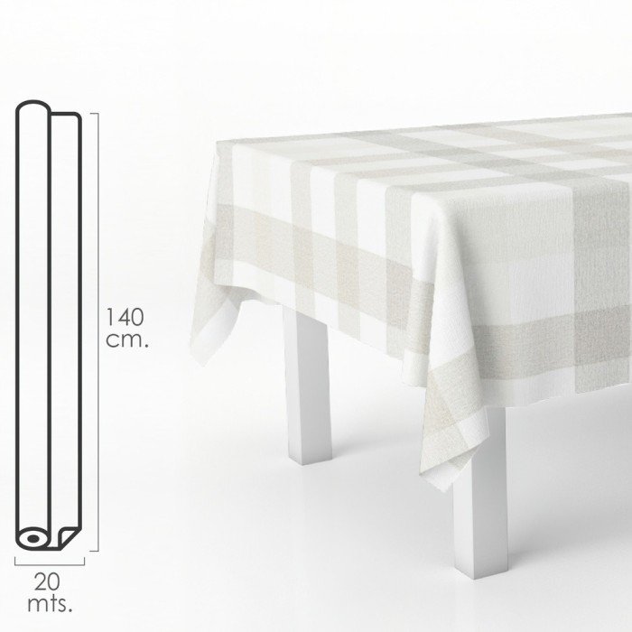 Mantel Hule Rectangular Cuadros Beis, Impermeable Antimanchas PVC 140 cm, x 20 metros, Rollo Recortable, Interior y Exterior al 