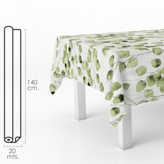Mantel Hule Rectangular Hojas Verdes, Impermeable Antimanchas PVC 140 cm, x 20 metros, Rollo Recortable, Interior y Exterior al 