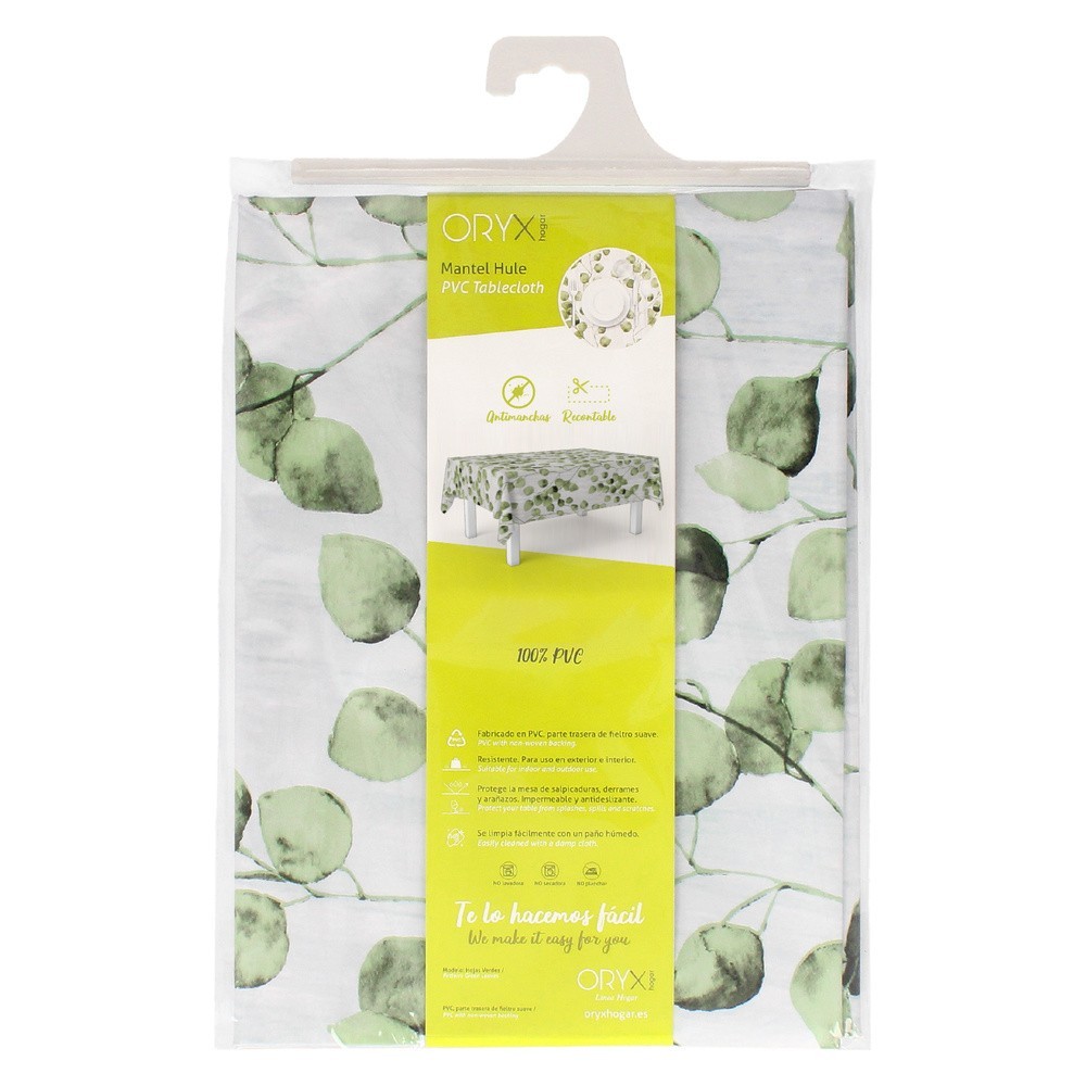 Mantel Hule Rectangular Hojas Verdes Impermeable Antimanchas PVC 140x250 cm,  Recortable Uso Interior y Exterior al por Mayor | 