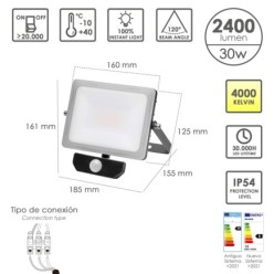 Foco Led Plano 30 Watt, Luz Blanca 4000º K  IP 65 2400 Lumenes Con Sensor de Presencia