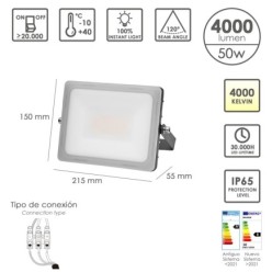 Foco Led Plano Potencia 50 Watt, 4000 Lumenes, Luz blanca 4000ºK Protección IP65, Cuerpo Aluminio, Foco Exteriores / Interiores,