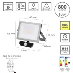 Foco Led Plano 10 Watt, Luz Blanca 4000º K  IP 65 800 Lumenes Con Sensor de Presencia