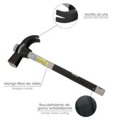 Martillo Uña Mango Fibra Vidrio Mango Fibra Vidrio Con Empuñadura Antideslizante, 600 Gramos 33 cm,