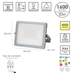 Foco Led Plano Potencia 20 Watt, 1600 Lumenes, Luz blanca 4000ºK Protección IP65, Cuerpo Aluminio, Foco Exteriores / Interiores