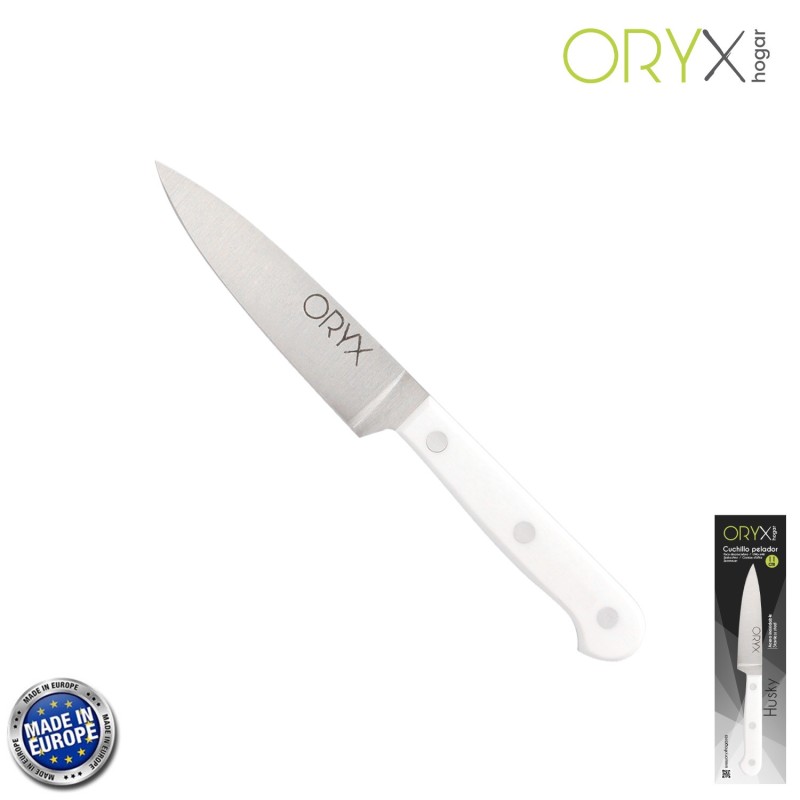 Cuchillo Husky Pelador 11 cm, Hoja Acero Inoxidable, Cuchillo Verduras, Cuchillo Cortar Verduras Mango Ergonomico Blanco