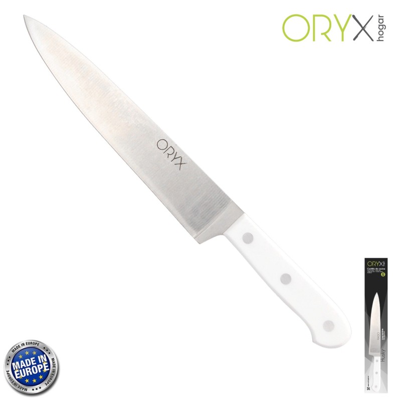 Cuchillo Husky Cocina 20 cm, Hoja Acero Inoxidable, Cuchillo Carne, Cuchillo Pescado, Cuchillo Chef, Mango Ergonomico Blanco