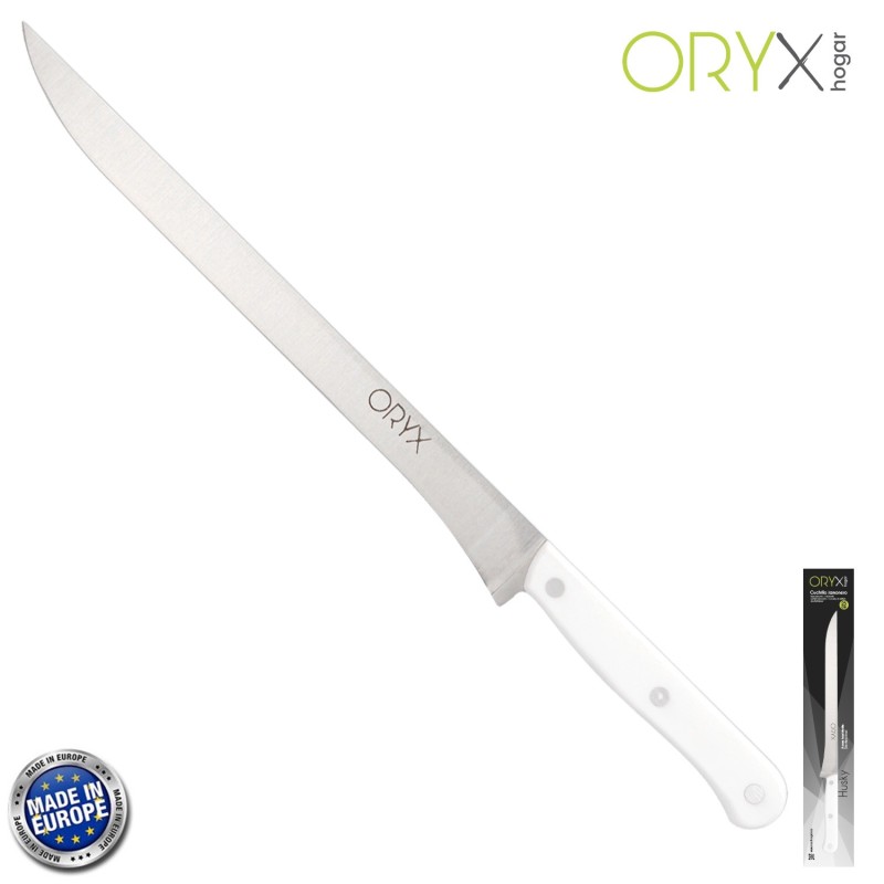 Cuchillo Husky Jamonero 25 cm, Hoja Acero Inoxidable, Cuchillo Jamon, Cuchillo Cortar Jamon Mango Ergonomico Blanco