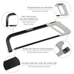 Arco Sierra Acero Con Empuñadura de Aluminio Angulo Corte Ajustable, Corta Acero, Aluminio, Madera, Plastico, Cobre