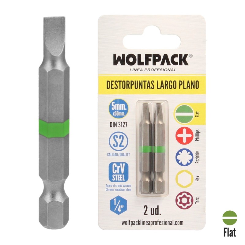Puntas Destornillador Largo Plano 5 mm, (2 Piezas), Acero S2 al Cromo Vanadio, Puntas Hexagonales, Destorpuntas,