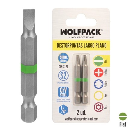 Puntas Destornillador Largo Plano 5 mm, (2 Piezas), Acero S2 al Cromo Vanadio, Puntas Hexagonales, Destorpuntas,