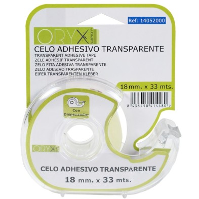 Cinta Celo Adhesivo Transparente 18 mm, x 33 Mts, Con Dispensador,