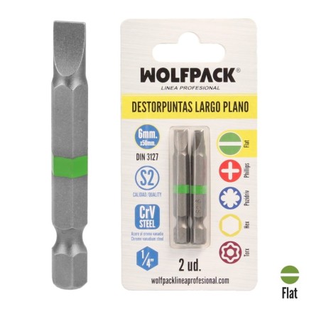 Puntas Destornillador Largo Plano 6 mm, (2 Piezas), Acero S2 al Cromo Vanadio, Puntas Hexagonales, Destorpuntas,