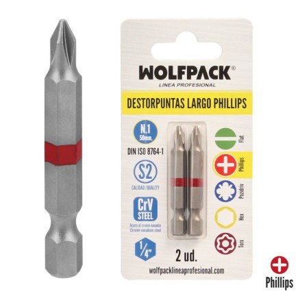 Puntas Largas Destornillador Phillips Nº 1 (2 Piezas), Acero S2 al Cromo Vanadio, Puntas Hexagonales, Destorpuntas,