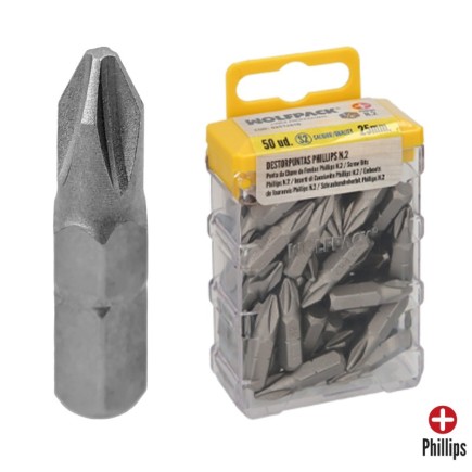 Puntas Destornillador Phillips Nº 2 (50 Piezas), Acero S2 al Cromo Vanadio, Puntas Hexagonales, Destorpuntas,