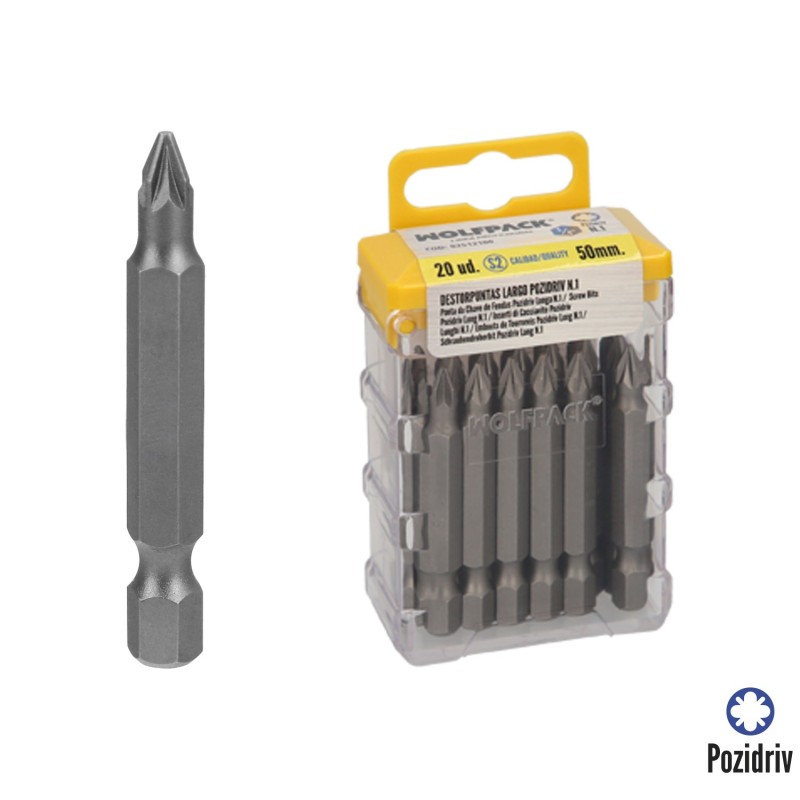 Puntas Largas Destornillador Pozidriv Nº 1 (20 Piezas), Acero S2 al Cromo Vanadio, Puntas Hexagonales, Destorpuntas,