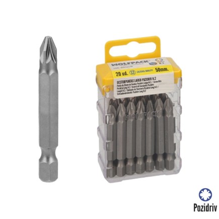 Puntas Largas Destornillador Pozidriv Nº 2 (20 Piezas), Acero S2 al Cromo Vanadio, Puntas Hexagonales, Destorpuntas,