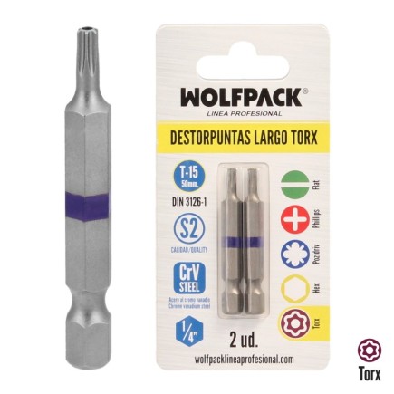 Puntas Largas Destornillador Torx T15 (2 Piezas), Acero S2 al Cromo Vanadio, Puntas Hexagonales, Destorpuntas,