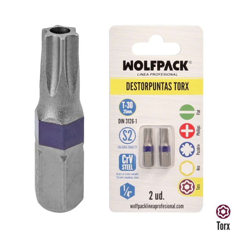Puntas Destornillador Torx 30 Inviolable (2 Piezas), Acero S2 al Cromo Vanadio, Puntas Hexagonales, Destorpuntas,