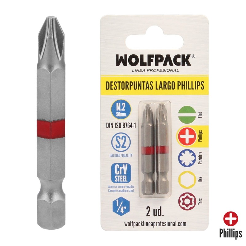 Puntas Largas Destornillador Phillips Nº 2 (2 Piezas), Acero S2 al Cromo Vanadio, Puntas Hexagonales, Destorpuntas,