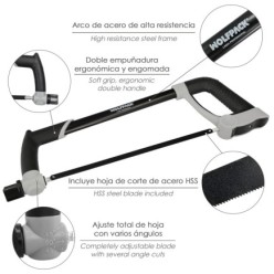 Arco Sierra Acero Con Doble Empuñadura Engomada, Angulo Corte Ajustable, Corta Acero, Aluminio, Madera, Plastico, Cobre