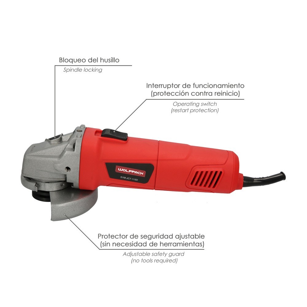 Amoladora Angular 900 Watt, Disco Ø 125 mm, 11,000 R,P,M, Mango 3 Posiciones Eje M14 Protector Disco Ajustable, Anti arranque al