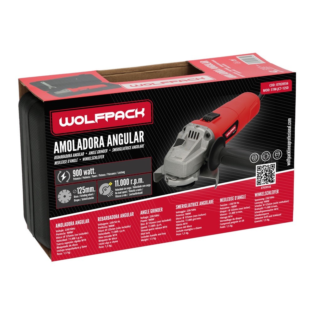 Amoladora Angular 900 Watt, Disco Ø 125 mm, 11,000 R,P,M, Mango 3 Posiciones Eje M14 Protector Disco Ajustable, Anti arranque al