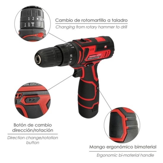 Taladro Atornillador 12 V, Con 2 Velocidades y Percutor, Bateria 1,300 mAh, Par Apriete 35 Nm, al por Mayor | Almacén de Ferrete