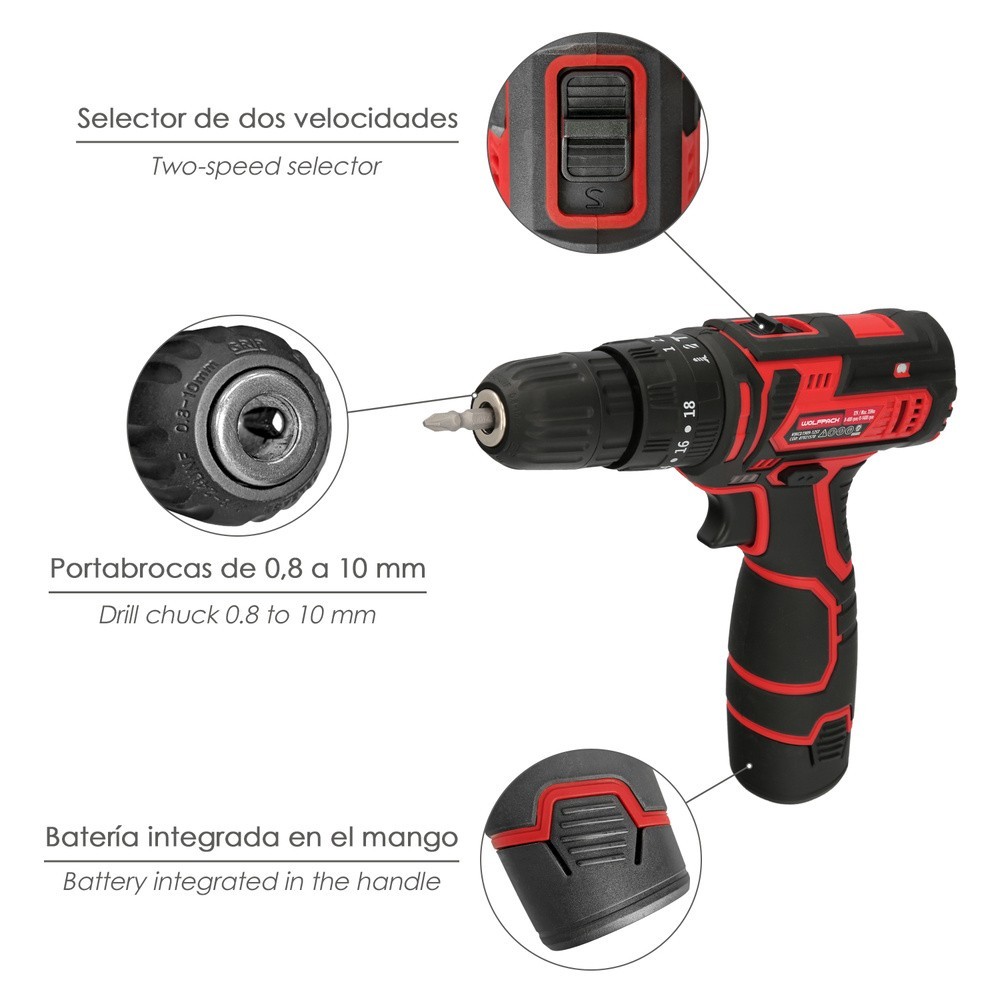 Taladro Atornillador 12 V, Con 2 Velocidades y Percutor, Bateria 1,300 mAh, Par Apriete 35 Nm, al por Mayor | Almacén de Ferrete