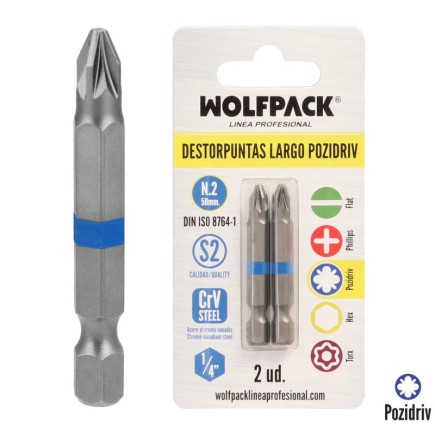 Destorpuntas Largo Pozidriv Nº 2 (2 Piezas) Acero S2 al Cromo Vanadio, Puntas Hexagonales, Destorpuntas,