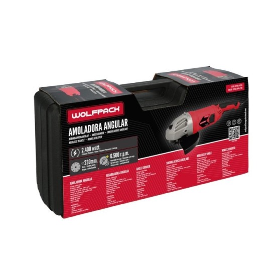Amoladora Angular 2,400 Watt, Disco Ø 230 mm, 6,500 R,P,M, Mango 3 Posiciones Eje M14 Protector Disco Ajustable, Anti arranque a