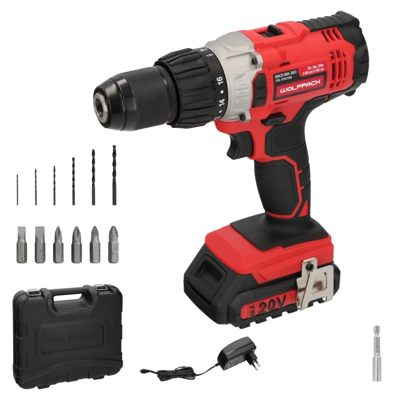 Taladro Atornillador 20 V, Con 2 Velocidades y Percutor, Bateria 2 Ah, Par Apriete 50 Nm,