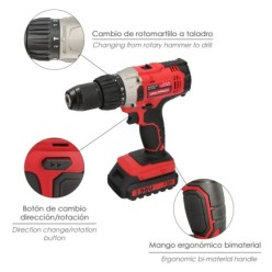 Taladro Atornillador 20 V, Con 2 Velocidades y Percutor, Bateria 2 Ah, Par Apriete 50 Nm,