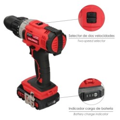 Taladro Atornillador 20 V, Con 2 Velocidades y Percutor, Bateria 2 Ah, Par Apriete 50 Nm,