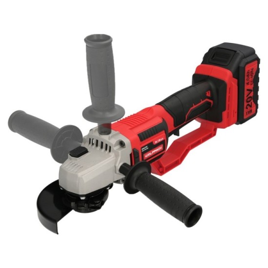 Amoladora A Bateria 20 Volt, Con Bateria 4,0 Ah, Ø 115 mm, 7,000 R,P,M, Mango 3 Posiciones Eje M14 Protector Disco Ajustable al 