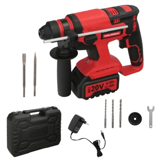 Martillo SDS PLUS A Bateria 20 Volt, Con Bateria 4,0 Ah, 1,400 R,P,M, 3 Funciones Cincelar, Perforar y Perforar con Martillo al 