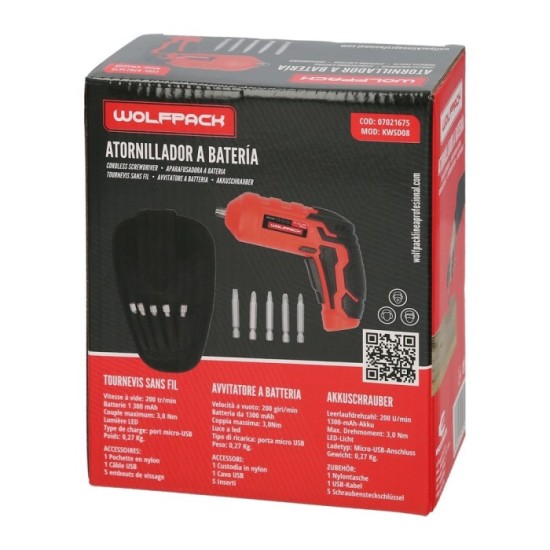 Atornillador 4 V, Con Led, Funda y 5 Destorpuntas, Bateria Recargable USB al por Mayor | Almacén de Ferretería