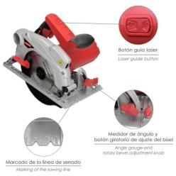 Sierra Circular 1300 Watt, Con Laser Disco 185 mm, 4,700 RPM Corte Inglete Regulador de Profundidad, Ingletadora, Sierra Madera