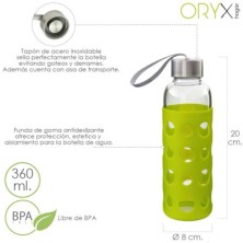 Botella Agua de Cristal, Capacidad De 360 ML, Libre BPA, Con Funda Goma y Tapon Antigotas