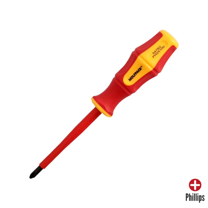 Destornillador Phillips Aislado Certificado VDE 1,000 V, Medida PH 2 - 6,0 x 100 mm, Destornillador Seguridad Electricista