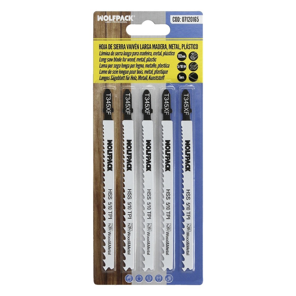 Hoja Larga Sierra Calar Para Madera / Metal / Plástico Corte Medio/Grueso 5 Piezas, Hoja Cromo Vanadio 58, Vastago T Universal, 
