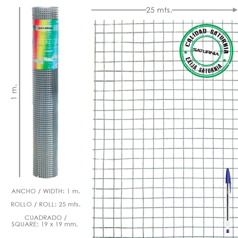 Malla Electrosoldada Galvanizada 25x25 / 1,60 / 100 cm, GD Rollo 25 metros,