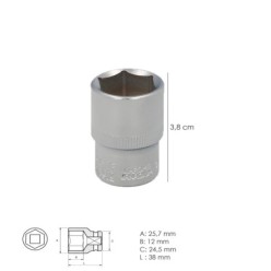 Llave Vaso 1/2" Hexagonal 20 mm, Perfil de 6 caras, Acero Cromo Vanadio, Aristas Redondas