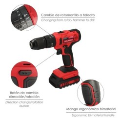 Taladro Atornillador 20 V, Con 2 Velocidades y Percutor, Bateria 2 Ah, Par Apriete 35 Nm,