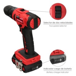 Taladro Atornillador 20 V, Con 2 Velocidades y Percutor, Bateria 2 Ah, Par Apriete 35 Nm,