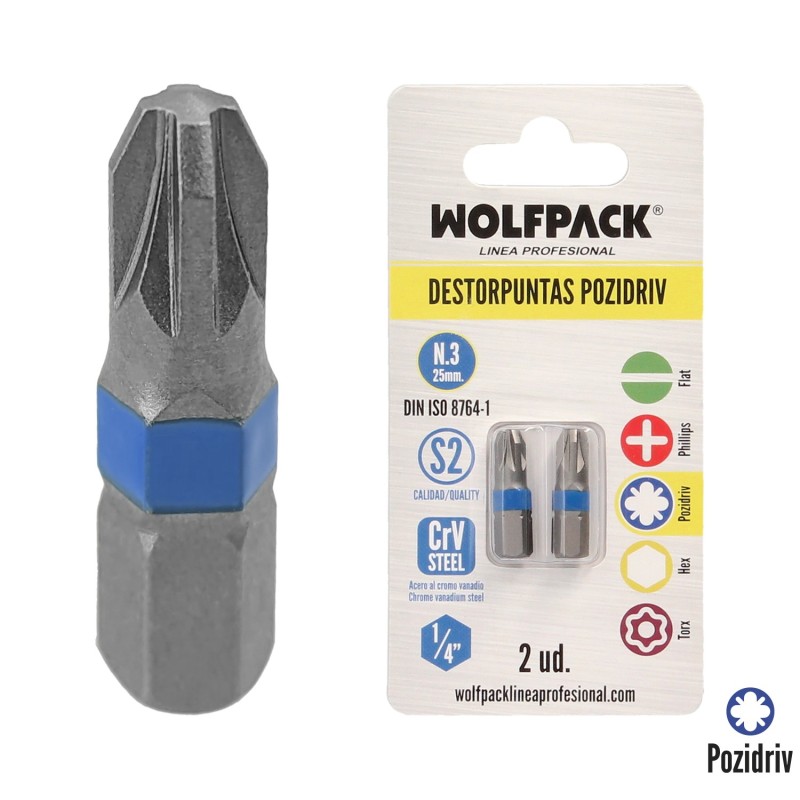 Puntas Destornillador Pozidriv Nº 3 (2 Piezas), Acero S2 al Cromo Vanadio, Puntas Hexagonales, Destorpuntas,