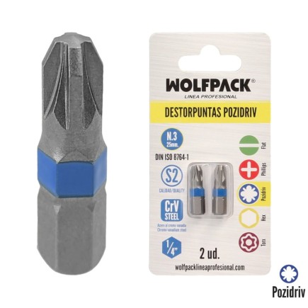 Puntas Destornillador Pozidriv Nº 3 (2 Piezas), Acero S2 al Cromo Vanadio, Puntas Hexagonales, Destorpuntas,