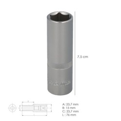 Llave Vaso 1/2" Hexagonal Larga 17 mm, Perfil de 6 caras, Acero Cromo Vanadio, Aristas Redondas