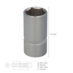 Llave Vaso 1/2" Hexagonal Larga 30 mm, Perfil de 6 caras, Acero Cromo Vanadio, Aristas Redondas